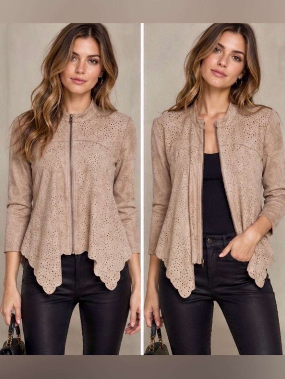 BCBGMAXAZRIA Hazelnut Asymmetric Faux Suede Cropped Zip Jacket - Size Small